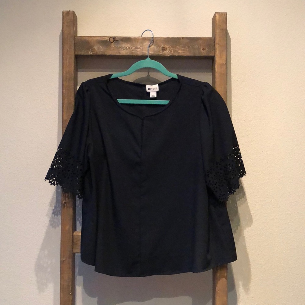 Women’s navy laser cut “lace” blouse
